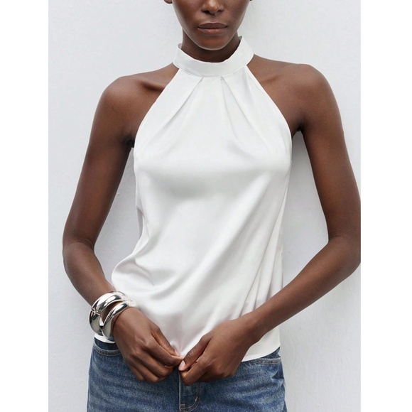 White Satin Halter Blouse Top - Picture 2 of 8